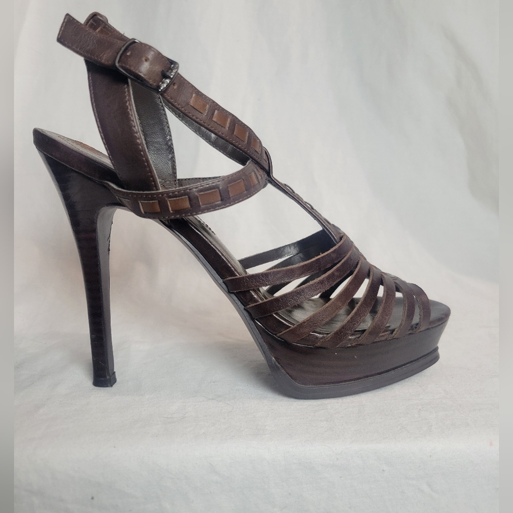 Guess Women's Strappy Ankle Strap Stiletto High Heel Platform Wooden Heel - Sz 8 - Picture 2 of 13
